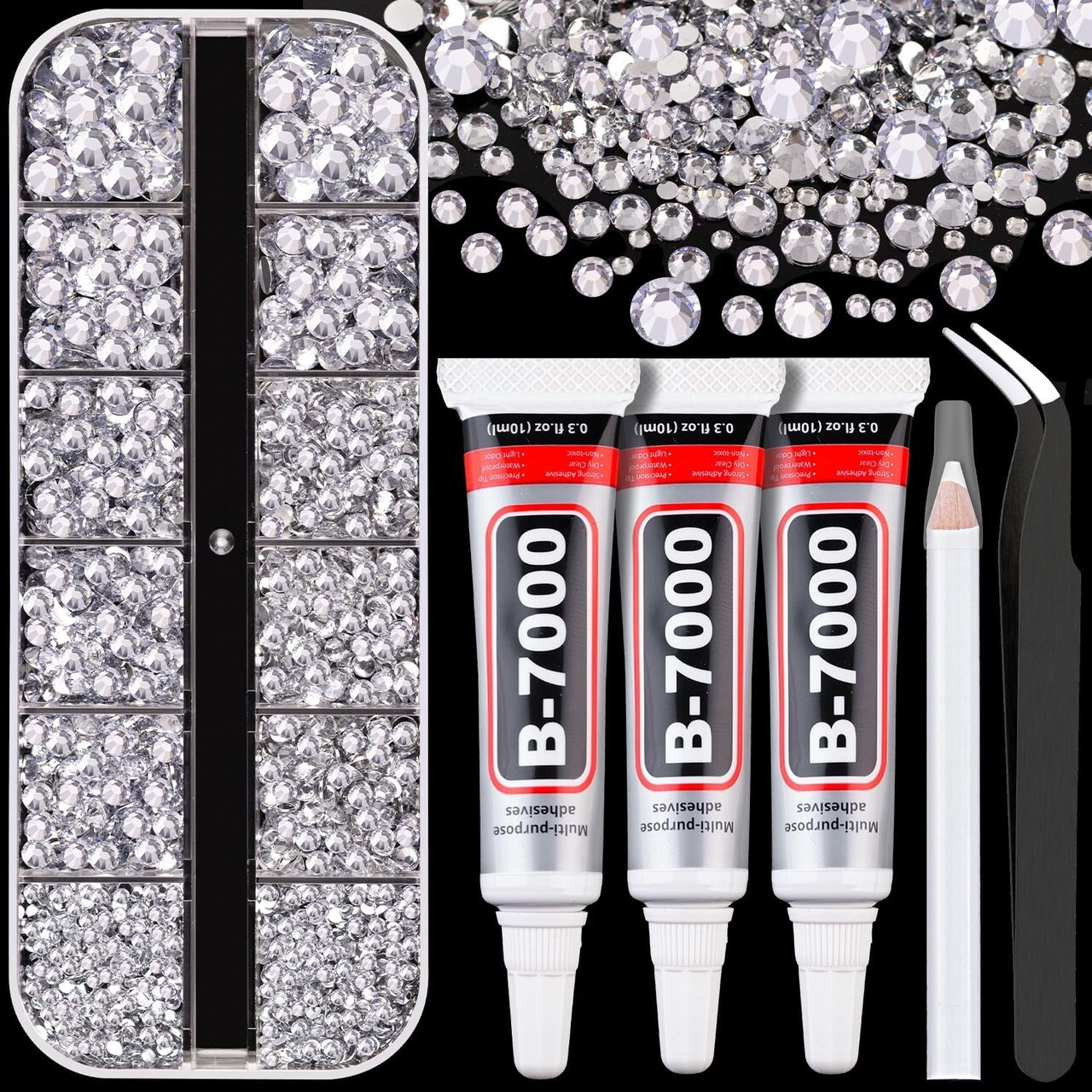 Resin Rhinestones with B7000 Glue – Clear Flatback Gems, 3×10ml Glue for Crafts, Clothing, Shoes & Nail Art